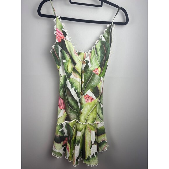 FARM Rio Plantage White Palms Linen Drop Waist Mini Dress Size XS - Picture 5 of 10